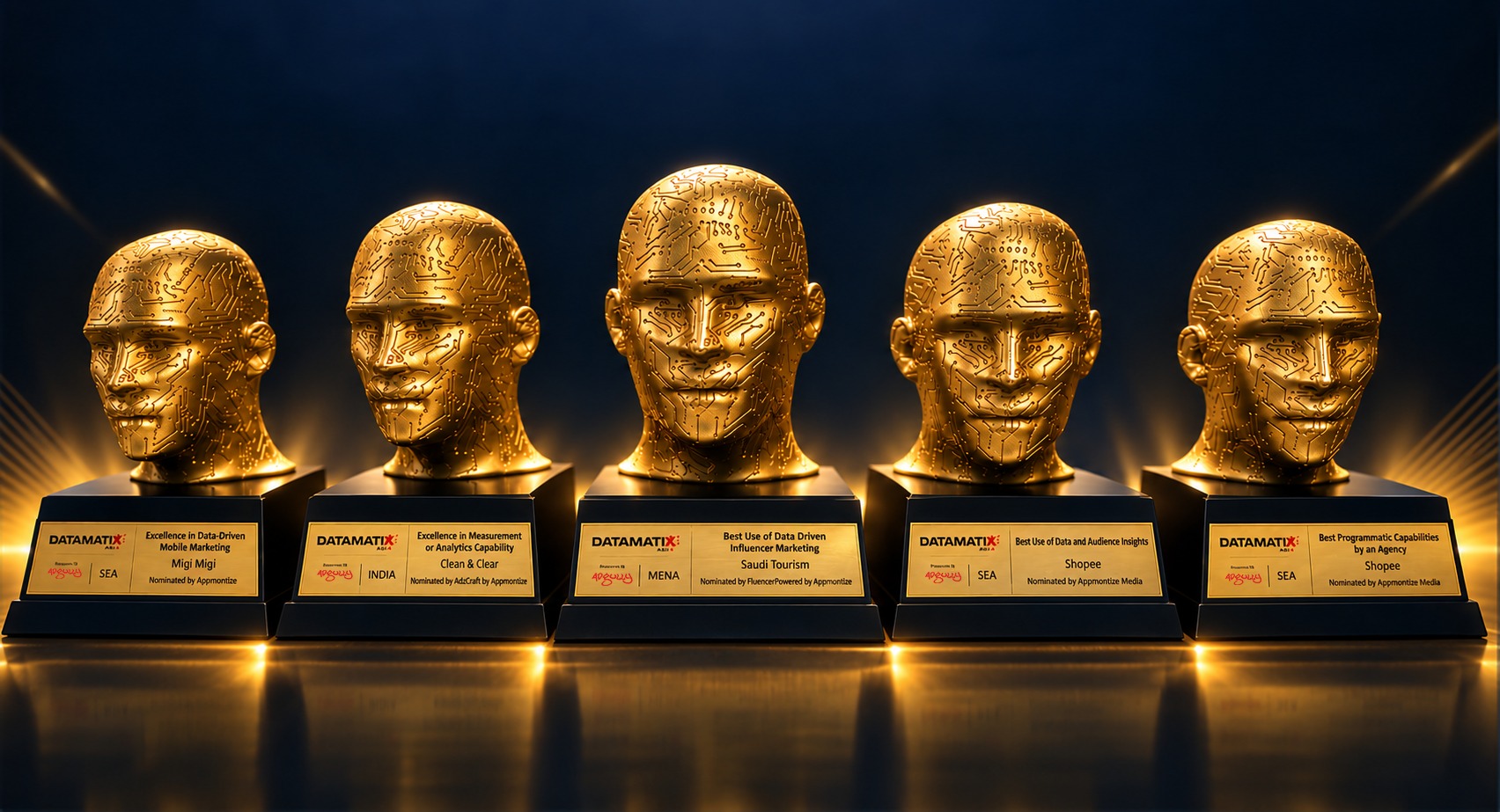 The five gold DATAMATIX Asia 2026 trophies won by Appmontize, plaques facing camera: Migi Migi, Clean & Clear, Saudi Tourism and two for Shopee